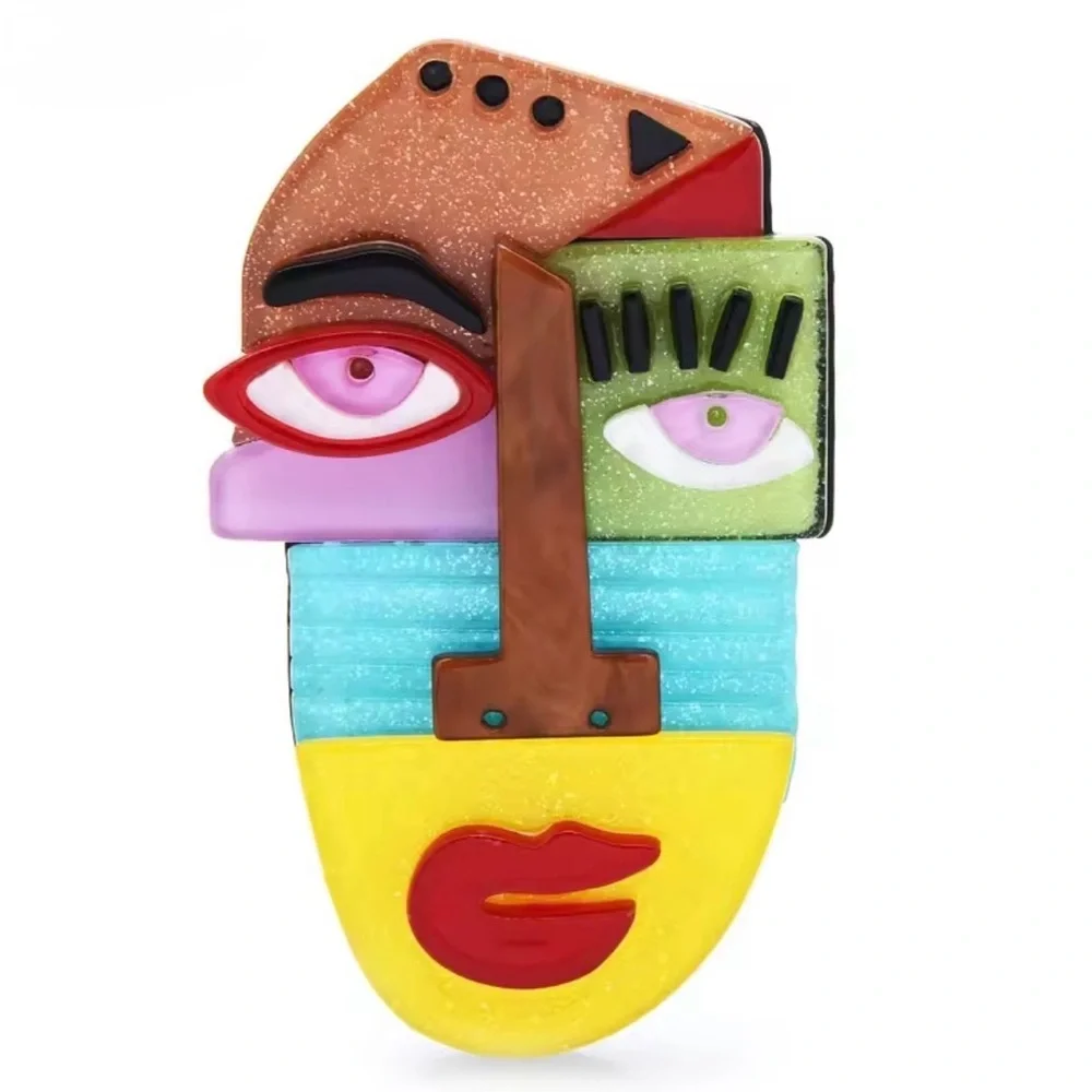 Colorful Abstract Face Brooch - Multicolor Acrylic Statement